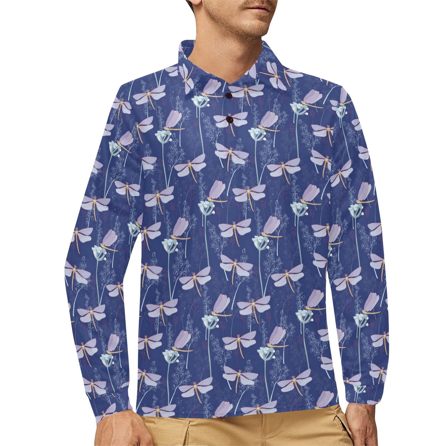 Dragonfly Print Design LKS401 Long Sleeve Polo Shirt For Men's