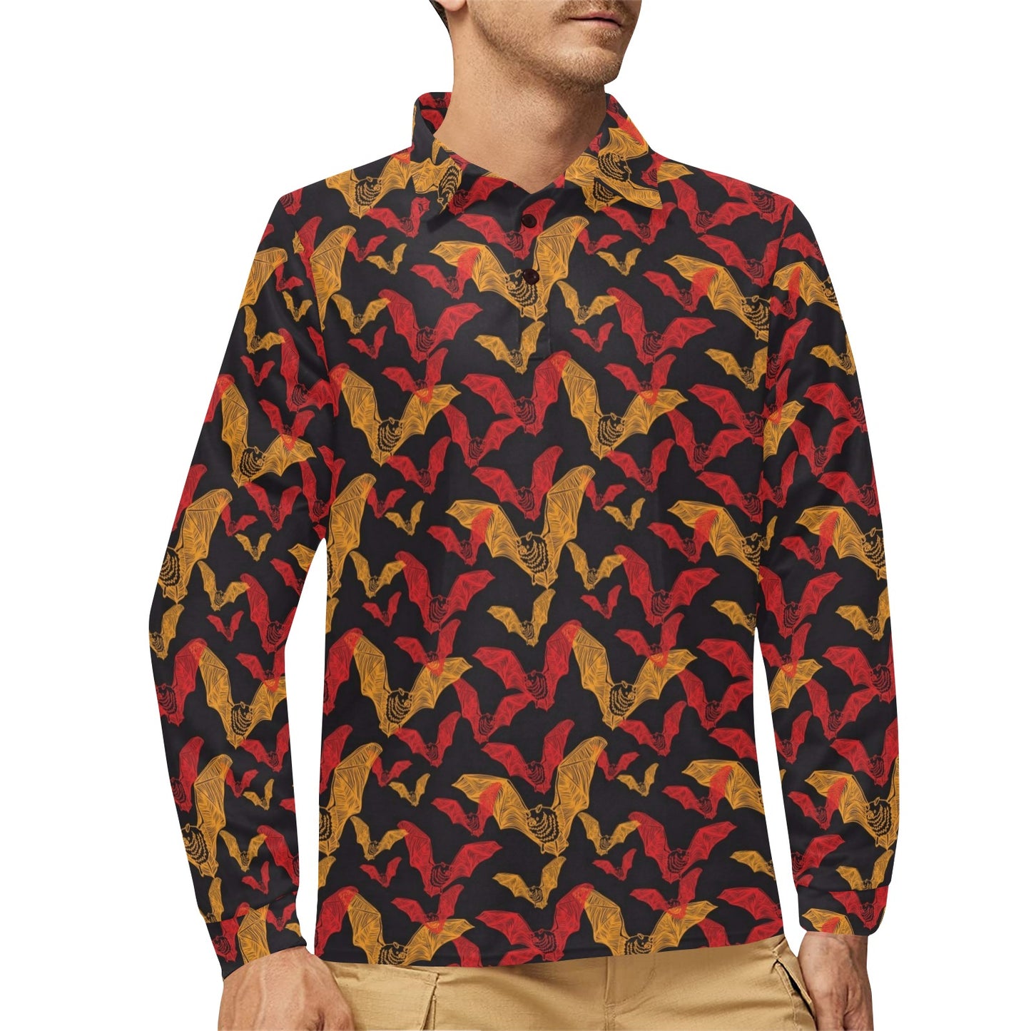 Bat Pattern Print Design 01 Long Sleeve Polo Shirt For Men's