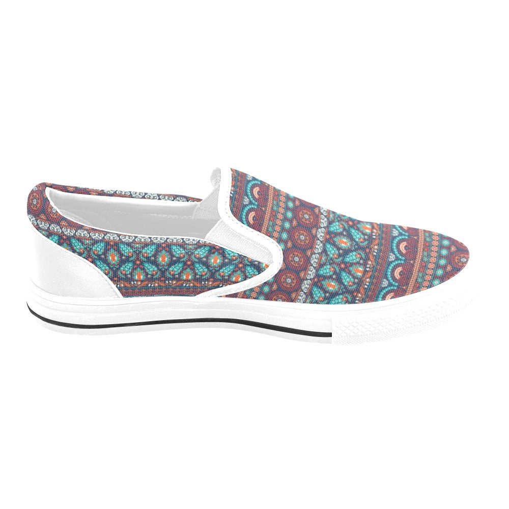 Suzani Print Design LKS302 White Slip Ons Canvas Women's Shoes