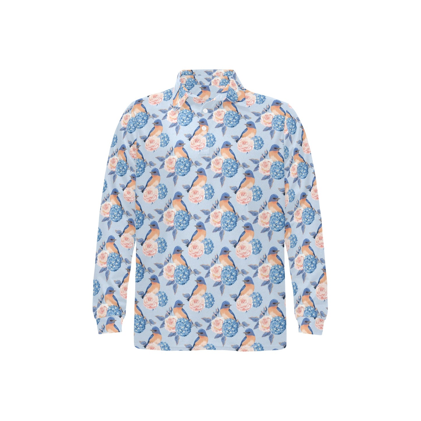 Bluebird Pattern Print Design 01 Long Sleeve Polo Shirt For Men's