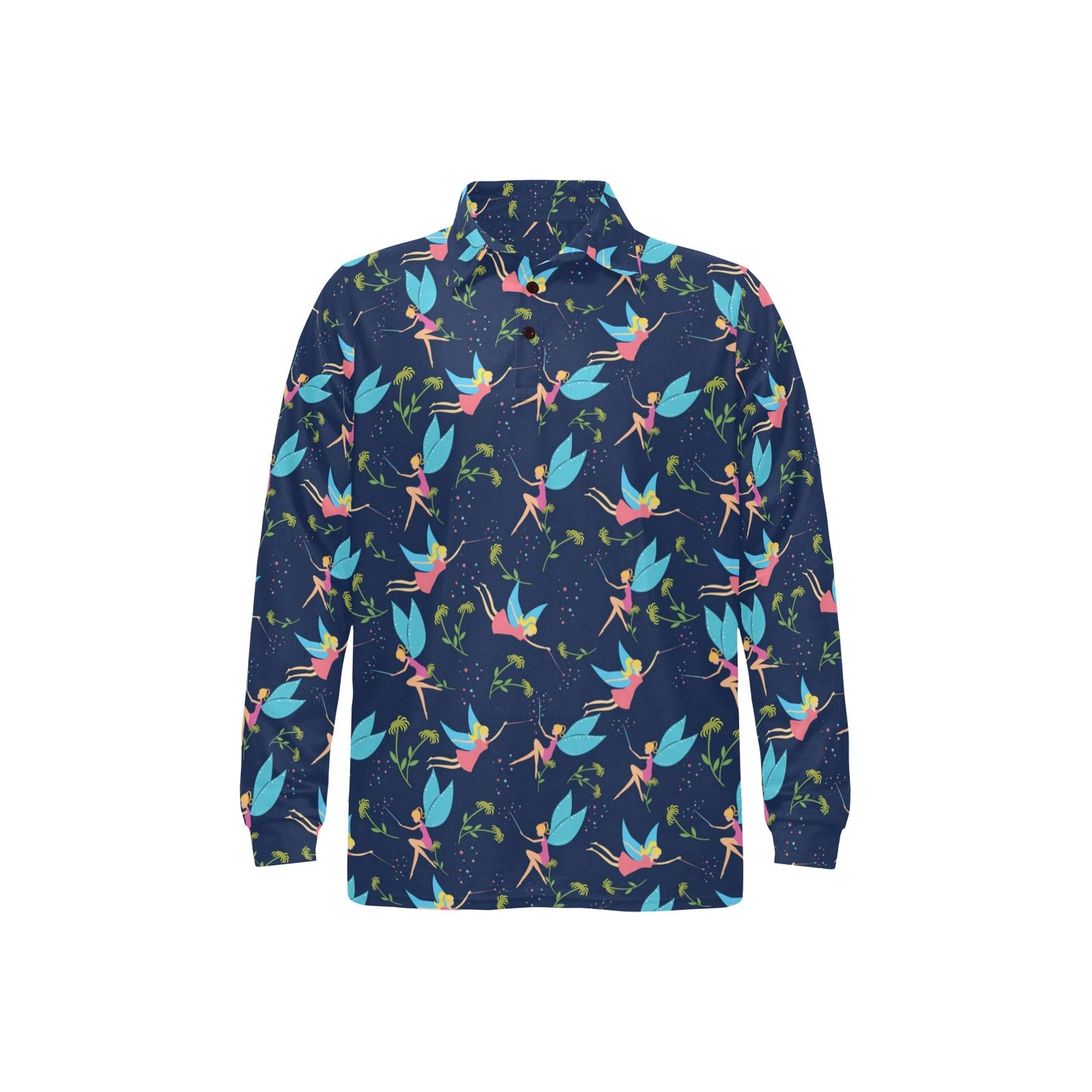 Fairy with flower Print Pattern Long Sleeve Polo Shirt For Men's