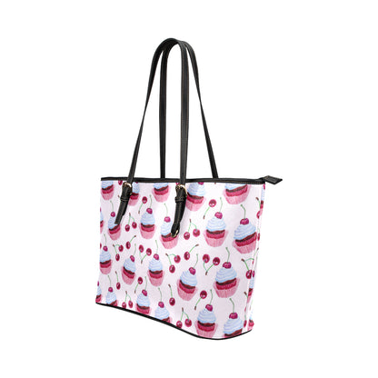 Cherry Cupcake Pink Pattern Leather Tote Bag