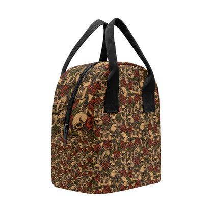 Skull Roses Vintage Design Themed Print Insulated Lunch Bag