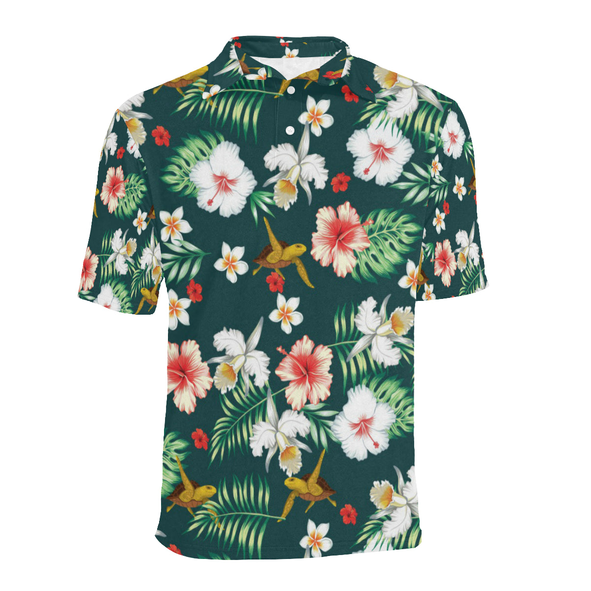 Hawaiian Flower Design with SeaTurtle Print Men Polo Shirt
