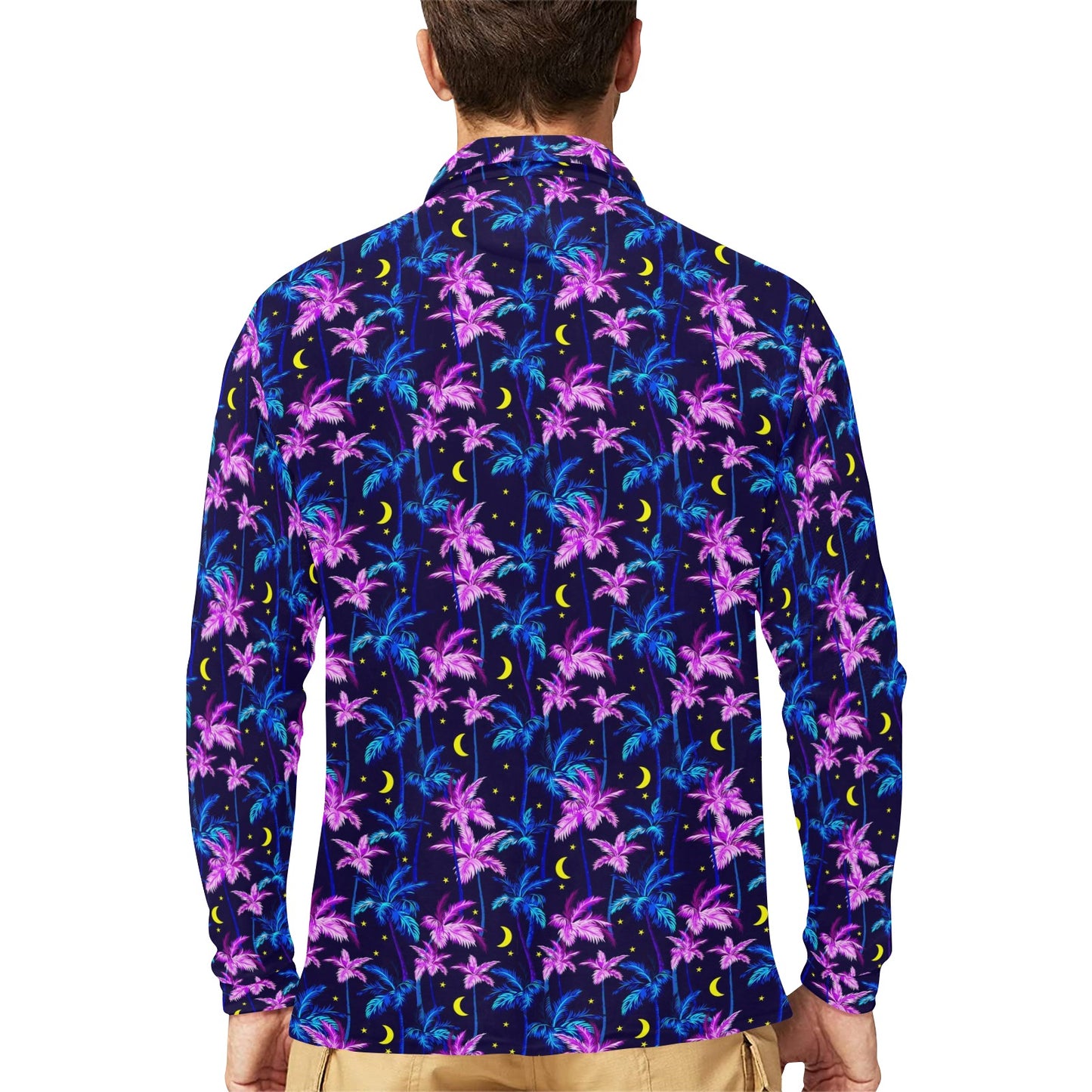 Palm Tree Night Scene Design Print Long Sleeve Polo Shirt For Men's