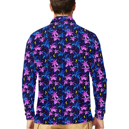 Palm Tree Night Scene Design Print Long Sleeve Polo Shirt For Men's