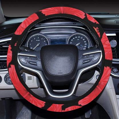 Hibiscus Red Pattern Print Design LKS306 Steering Wheel Cover with Elastic Edge