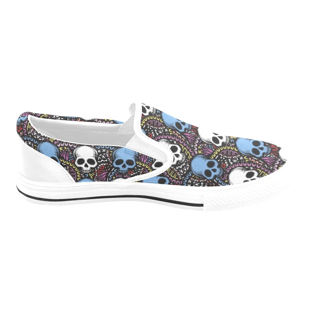 Skull Print Design LKS305 White Slip Ons Canvas Women's Shoes