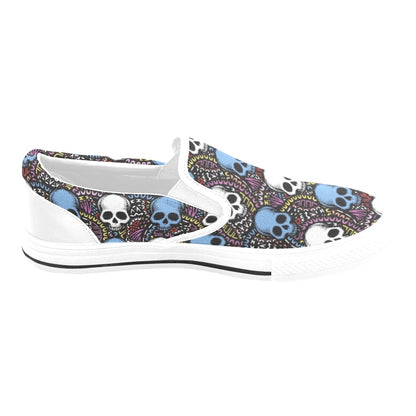 Skull Print Design LKS305 White Slip Ons Canvas Women's Shoes