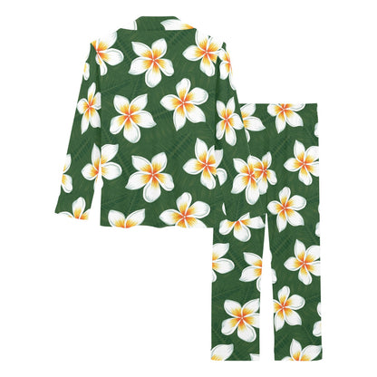 White Plumeria Pattern Print Design PM020 Women's Long Pajama Set