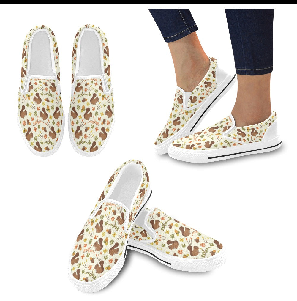 Squirrel Print Design LKS3010 White Slip Ons Canvas Women's Shoes