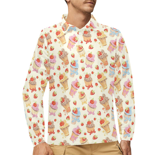 Cupcakes Strawberry Cherry Print Long Sleeve Polo Shirt For Men's