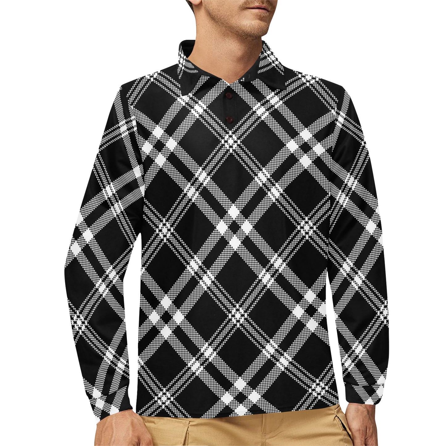Madras Pattern Print Design 03 Long Sleeve Polo Shirt For Men's