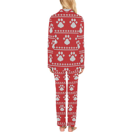 Knit Paw Pattern Print Design 03 Women's Long Pajama Set