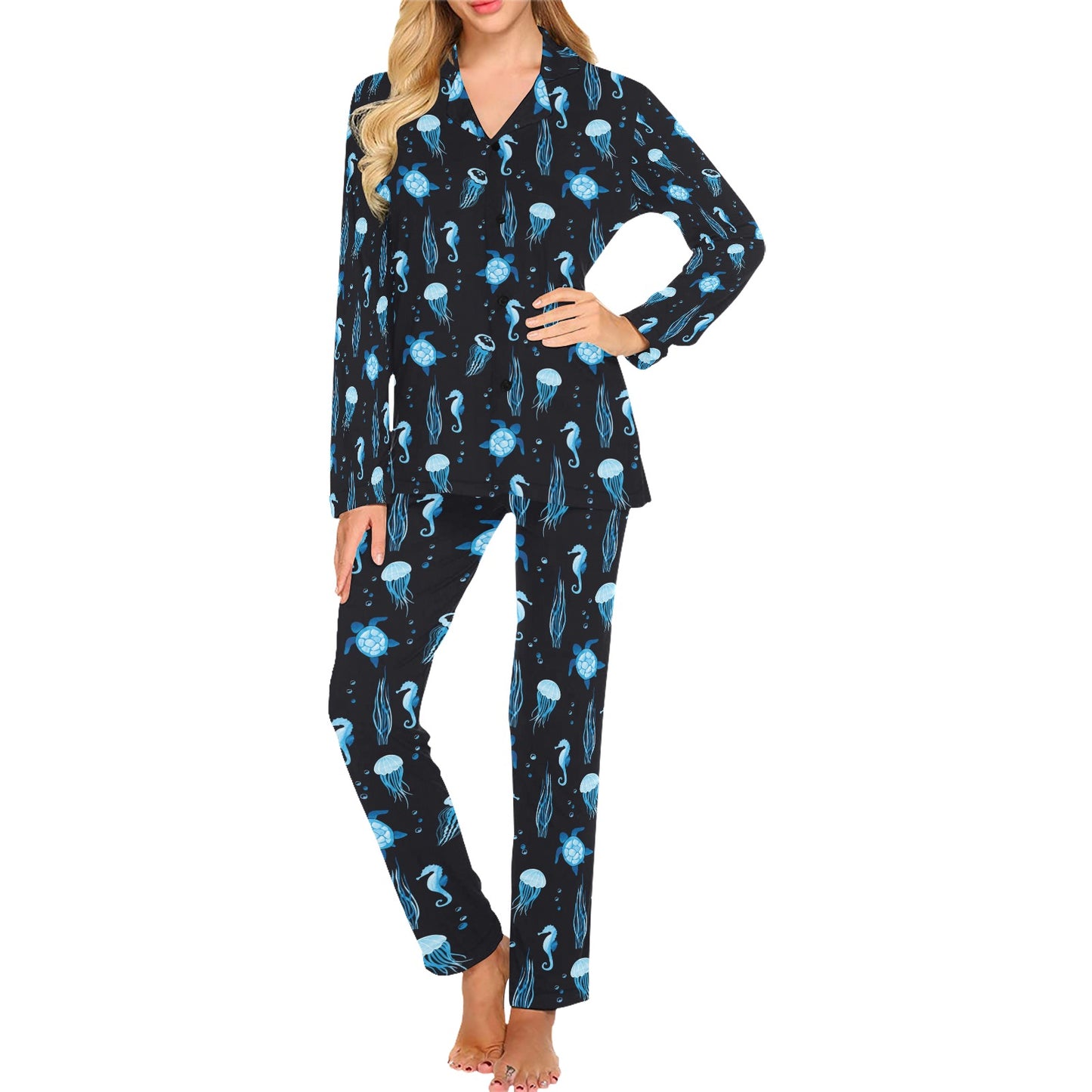 Sea Turtle Jelly Fish Sea Horse Print Design LKS3014 Women's Long Pajama Set