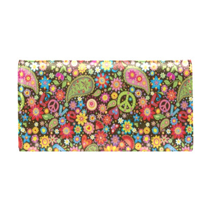 Flower Power Peace Paisley Themed Print Women's Trifold Wallet