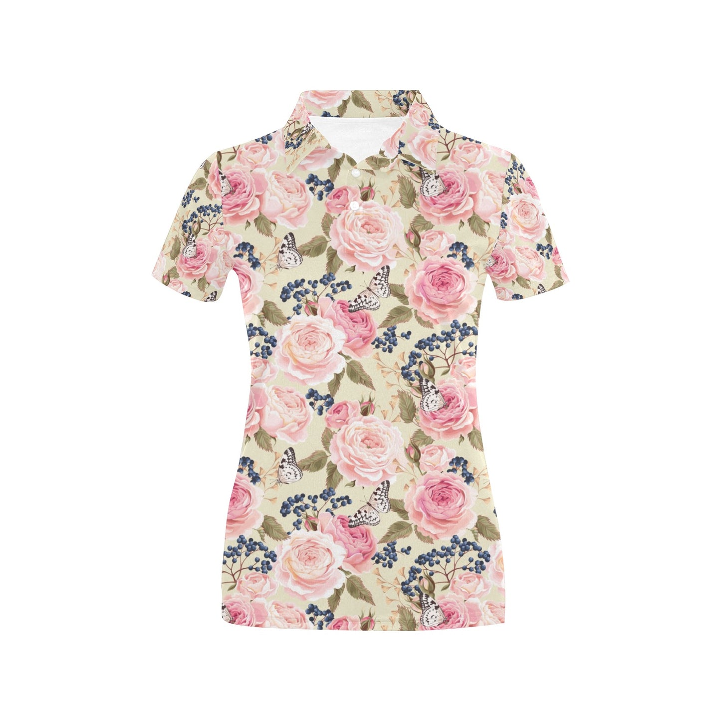 Floral Pink Butterfly Print Women's Polo Shirt