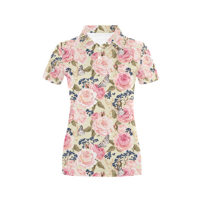Floral Pink Butterfly Print Women's Polo Shirt