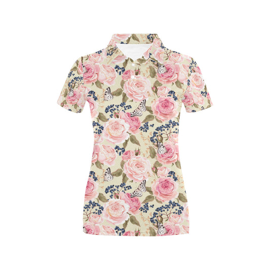 Floral Pink Butterfly Print Women's Polo Shirt
