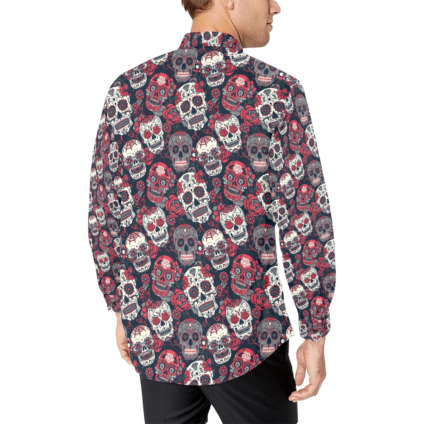 Sugar Skull Print Design LKS303 Men's Long Sleeve Dress Shirt