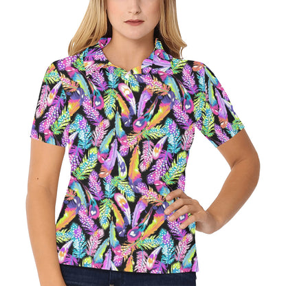 Neon Feather Pattern Print Design A02 Women's Polo Shirt