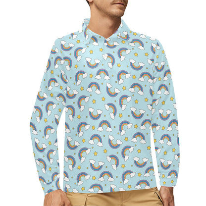 Rainbow Cloud Print Pattern Long Sleeve Polo Shirt For Men's
