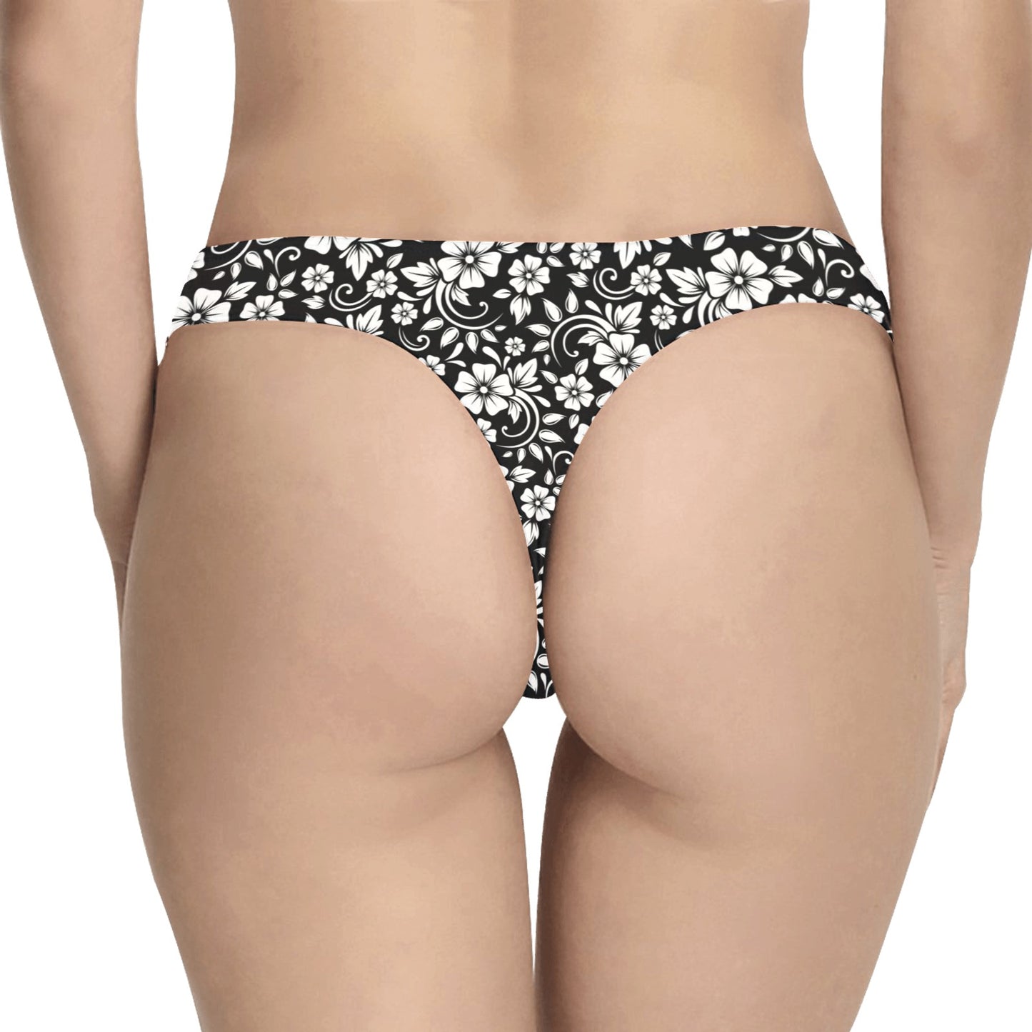 Floral Black White Themed Print Women's Thongs