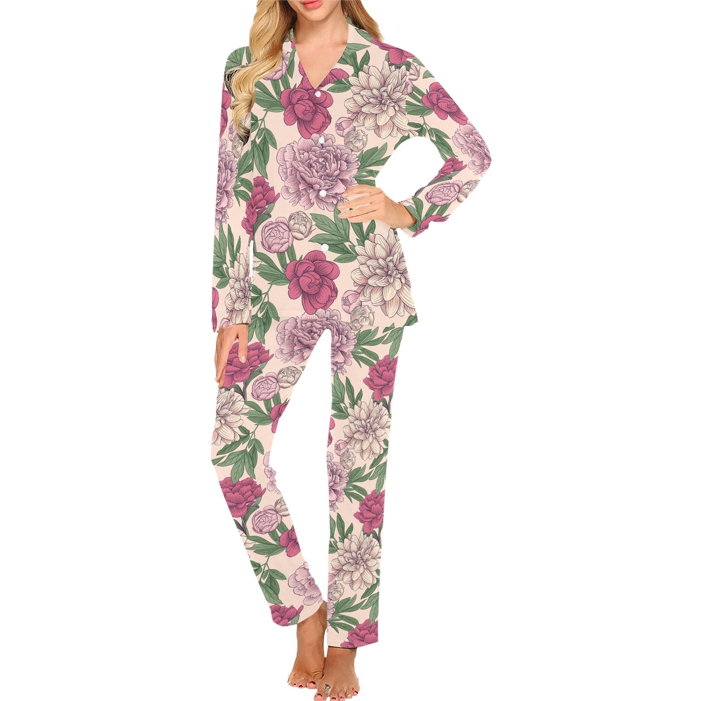 Peony Pattern Print Design A01 Women's Long Pajama Set