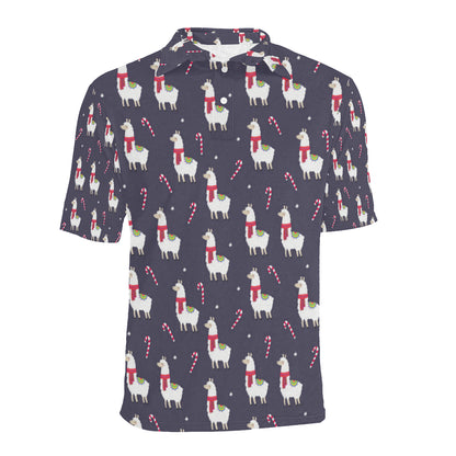 Llama with Candy Cane Themed Print Men Polo Shirt