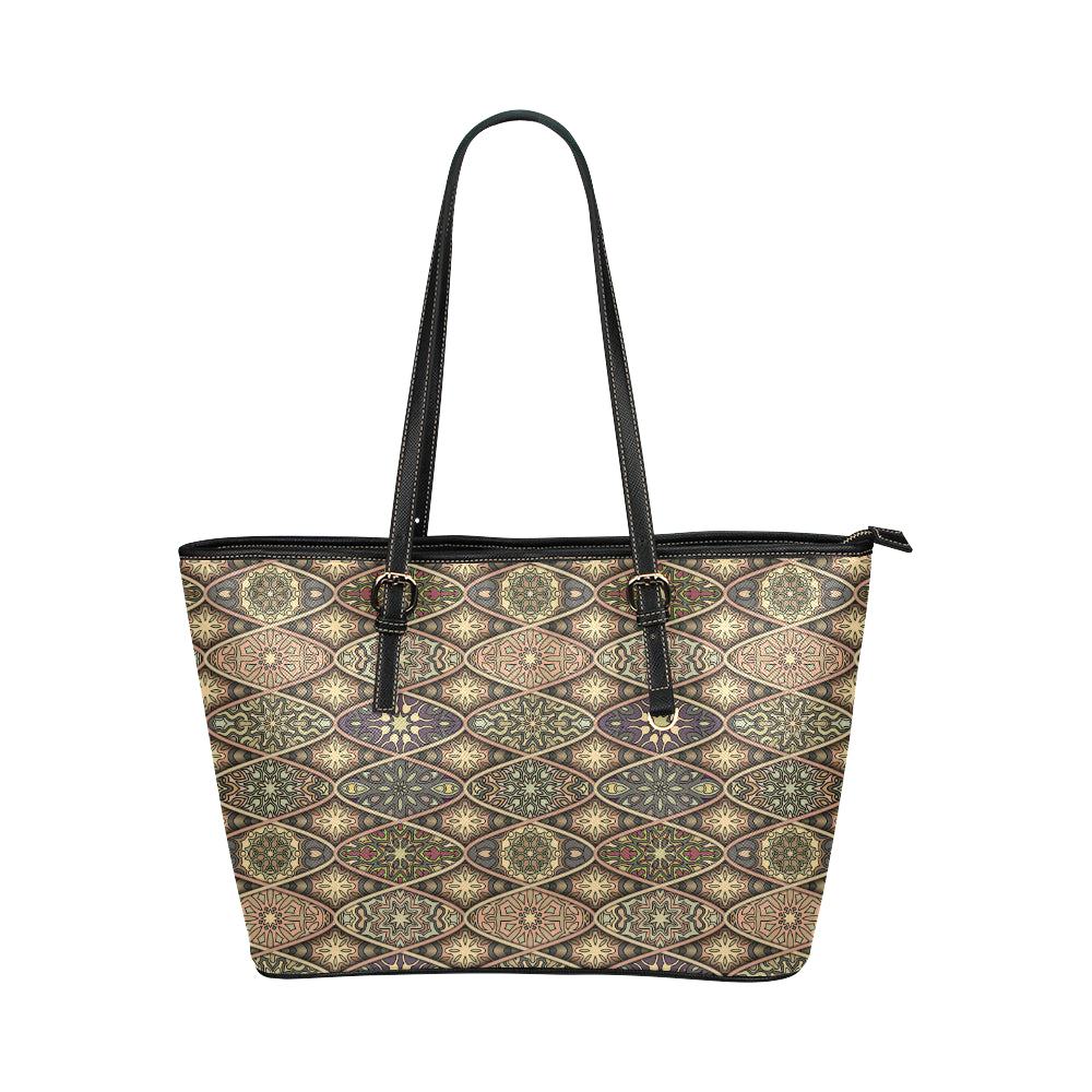 Mandala Motif Themed Design Print Leather Tote Bag