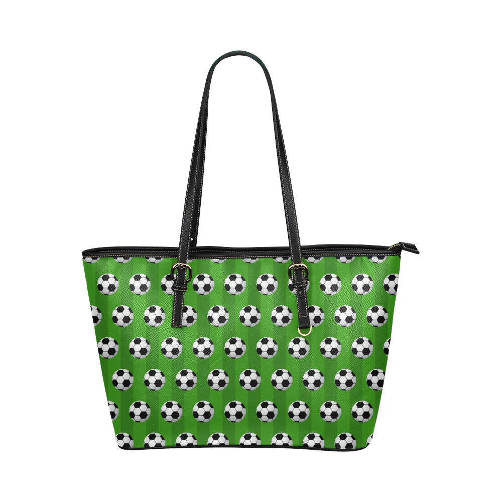 Soccer Ball Green Backgrpund Print Leather Tote Bag