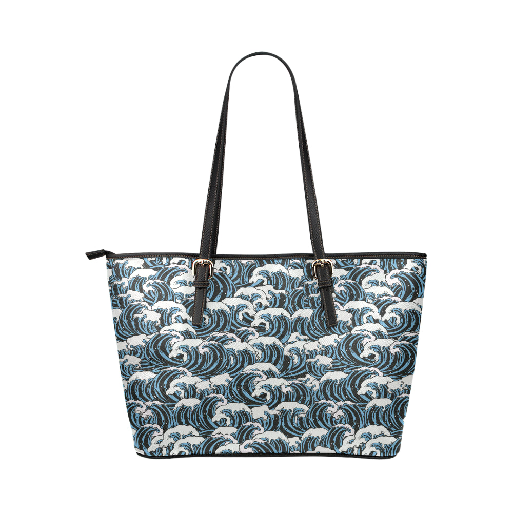 Surf Wave Pattern Print Leather Tote Bag