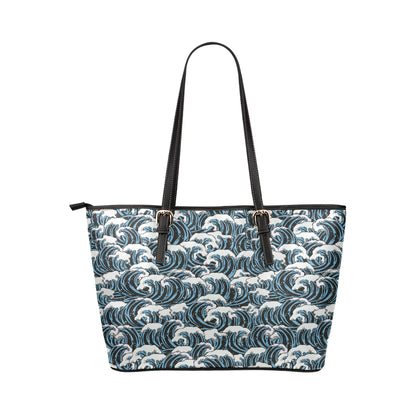 Surf Wave Pattern Print Leather Tote Bag