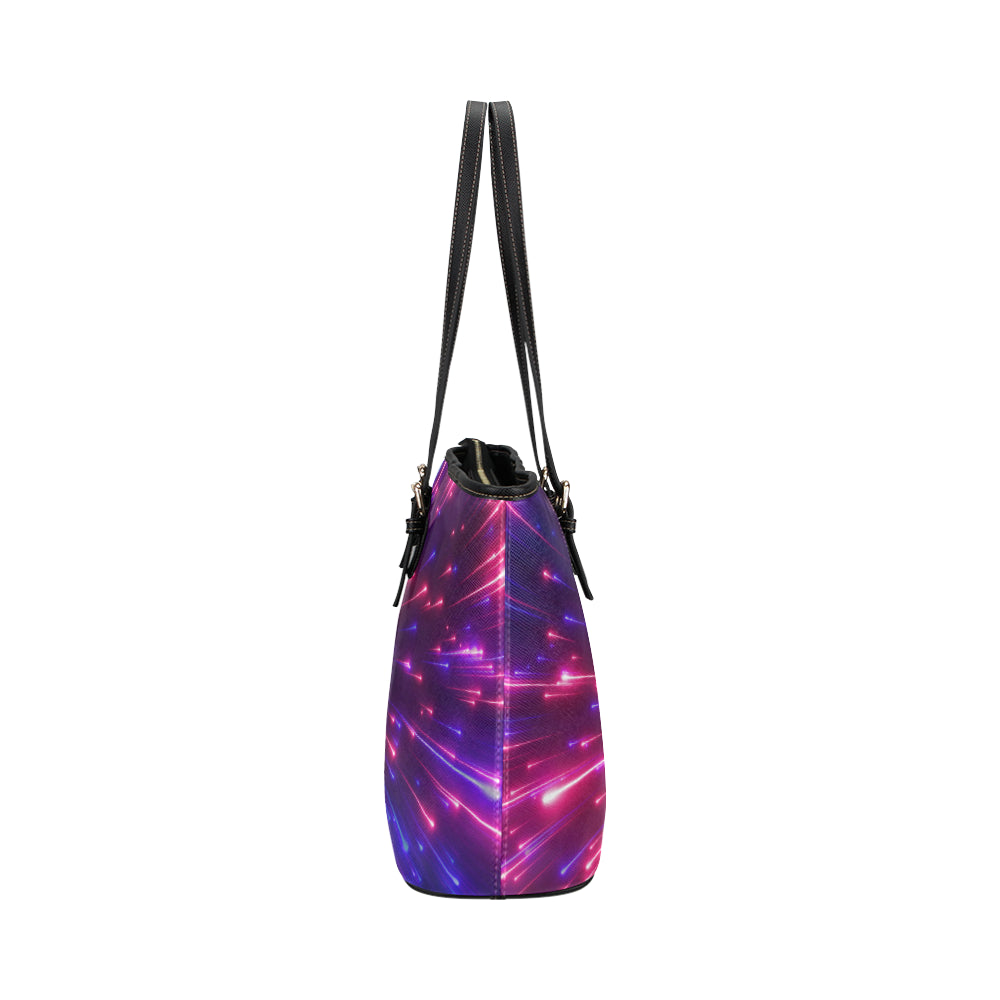 Celestial Purple Blue Neon Speed Light Leather Tote Bag