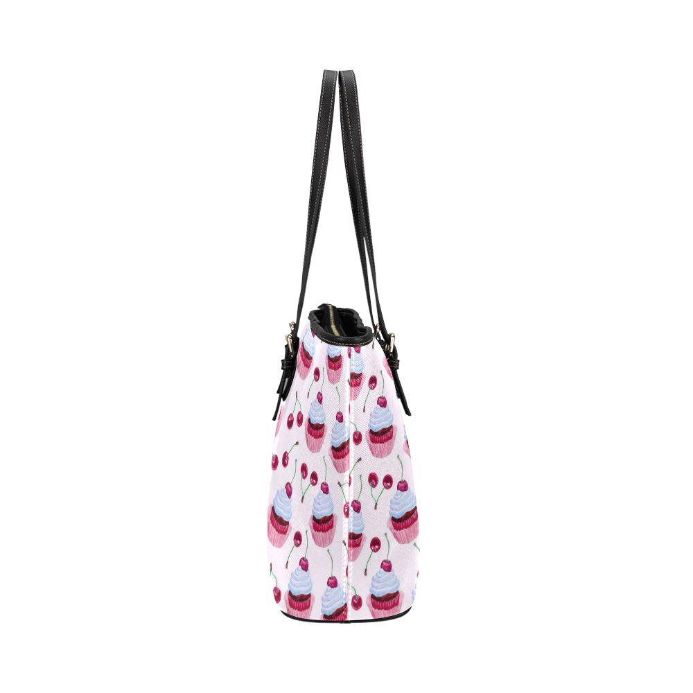 Cherry Cupcake Pink Pattern Leather Tote Bag