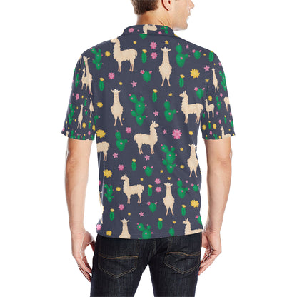 Llama Cactus Pattern Print Design 012 Men Polo Shirt