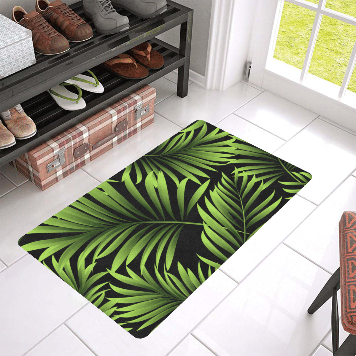 Green Neon Tropical Palm Leaves Rubber Doormat