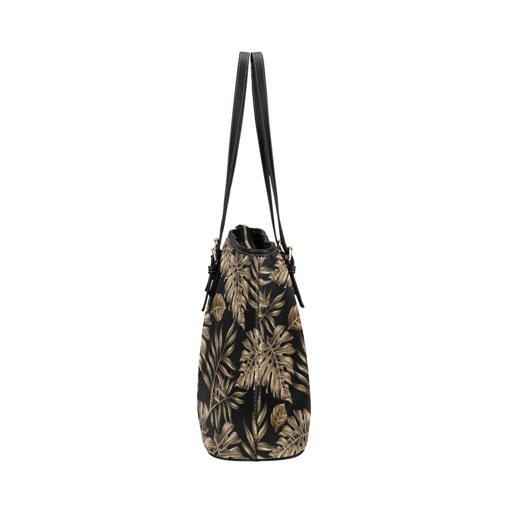Brown Tropical Palm Leaves Leather Tote Bag