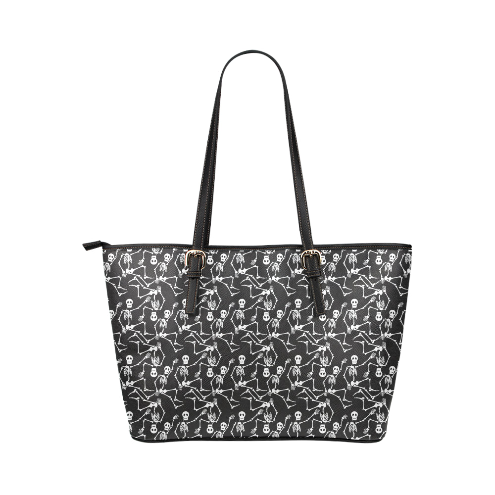 Skeleton Themed Print Leather Tote Bag