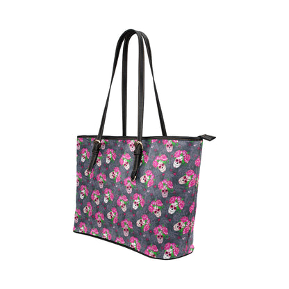 Sugar Skull Pink Rose Themed Print Leather Tote Bag