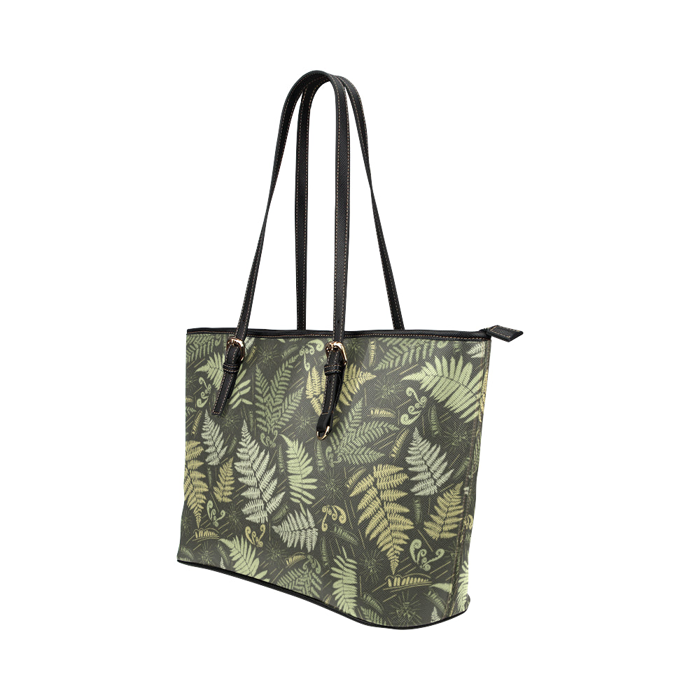 Fern Leave Green Print Pattern Leather Tote Bag