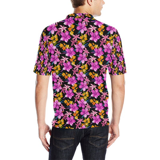 Tropical Folower Pink Hibiscus Print Men Polo Shirt