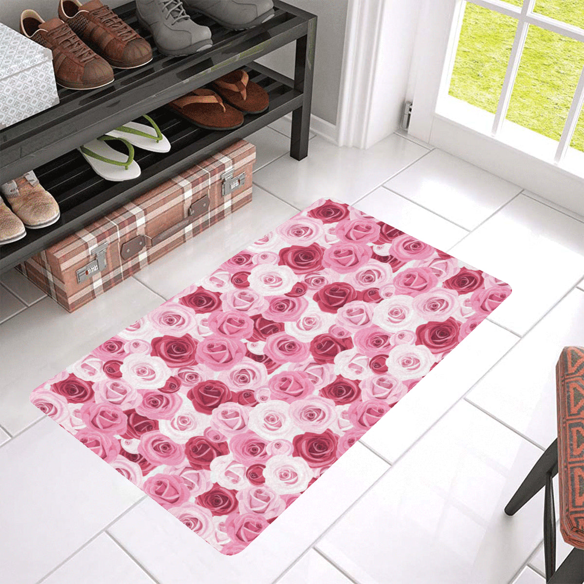 Pink Red Rose Pattern Print Rubber Doormat