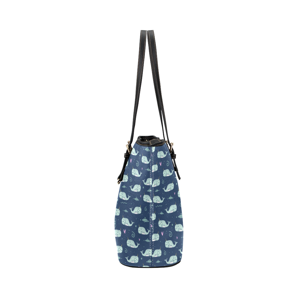 Narwhal Design Print Leather Tote Bag