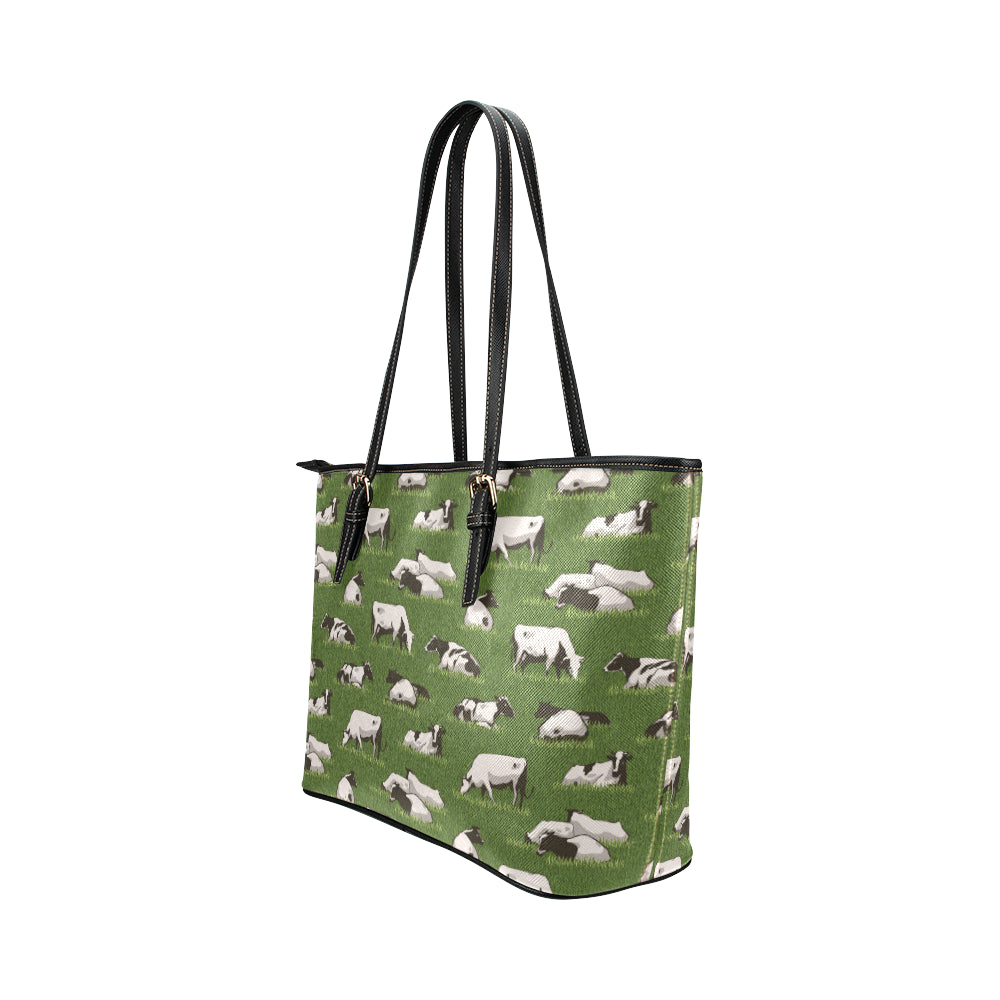 Cow on Grass Print Pattern Leather Tote Bag