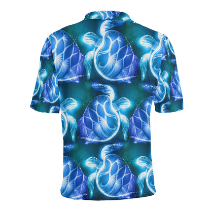 Blue Neon Sea Turtle Print Men Polo Shirt