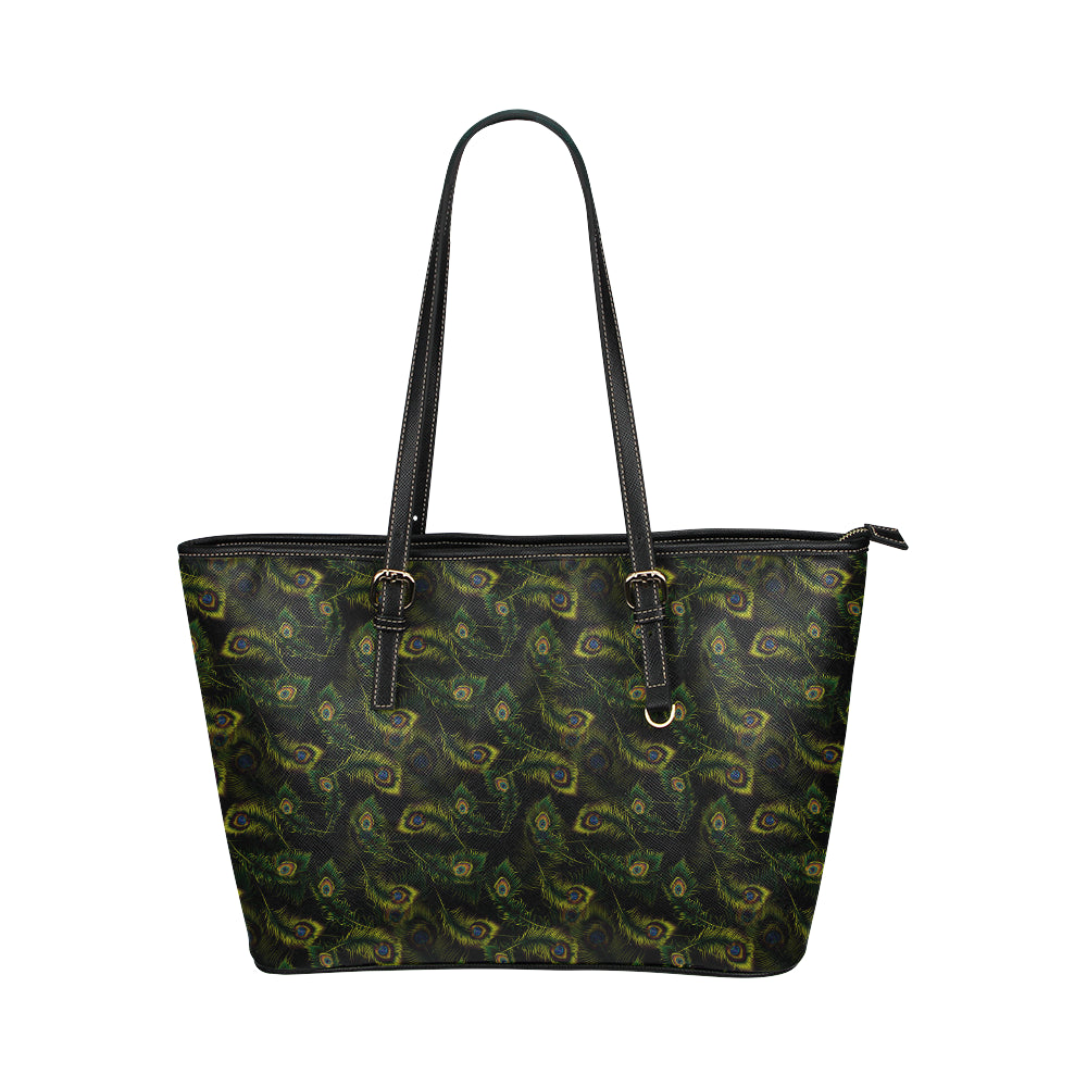 Peacock Feather Pattern Design Print Leather Tote Bag