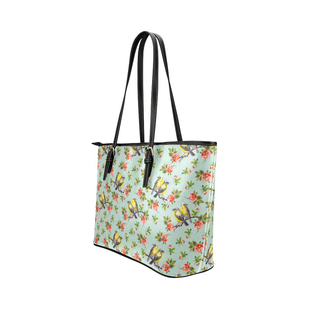 Bird with Red Flower Print Pattern Leather Tote Bag