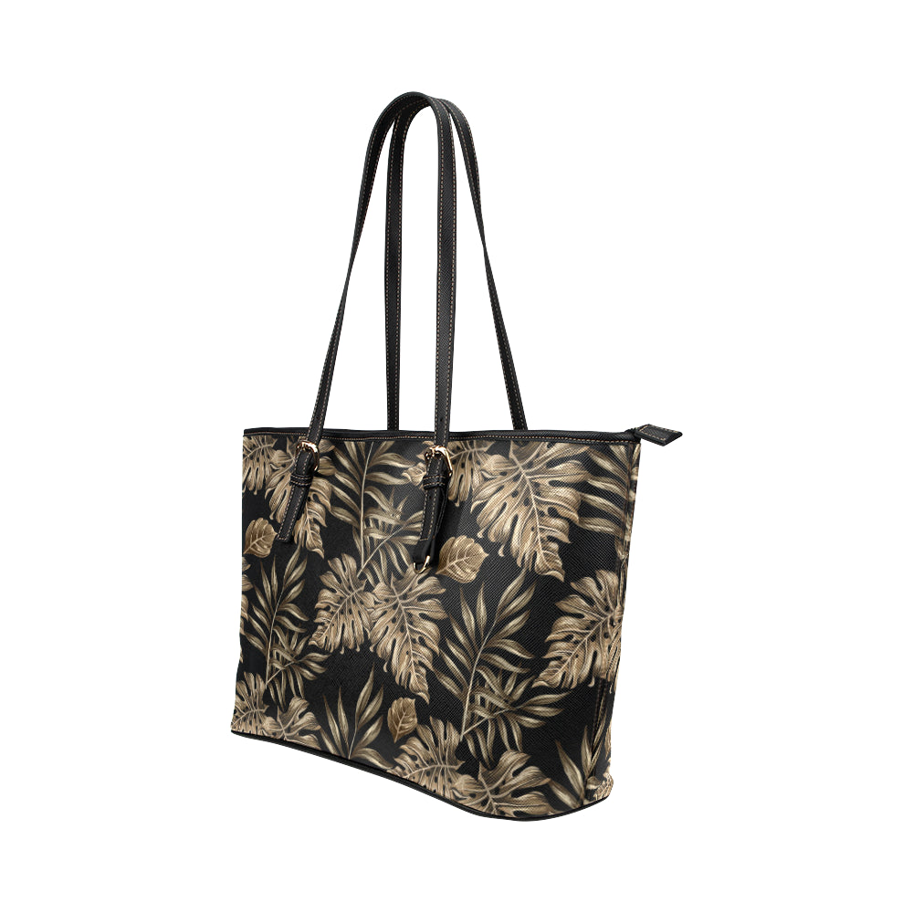 Brown Tropical Palm Leaves Leather Tote Bag