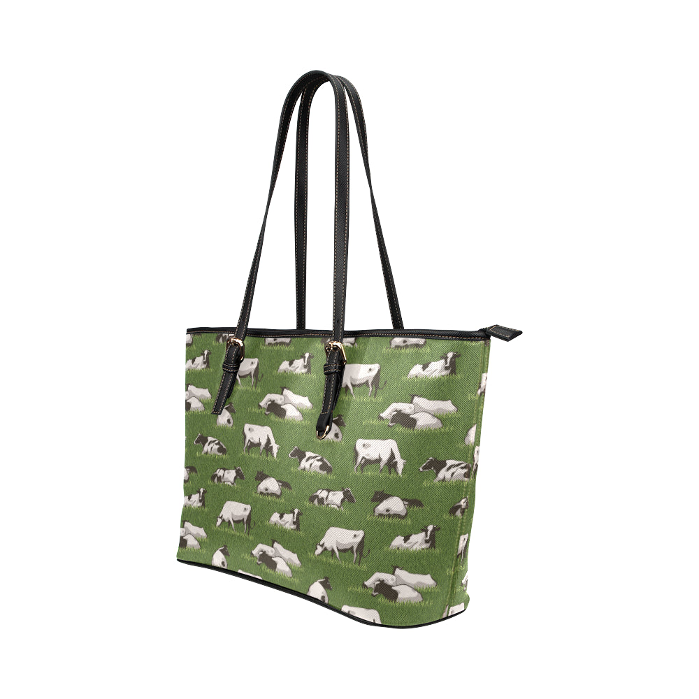 Cow on Grass Print Pattern Leather Tote Bag
